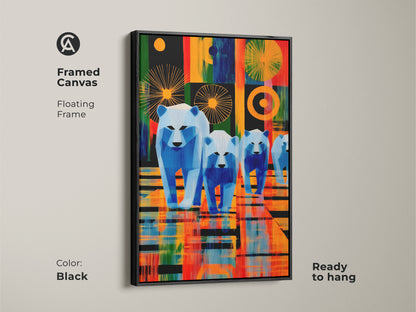 Framed canvas in black featuring a geometric polar bear family. This contemporary wall art combines teal orange and blue tones. The floating frame adds a modern touch. It's an ideal housewarming gift or unique home decor for animal lovers. Ready to hang.