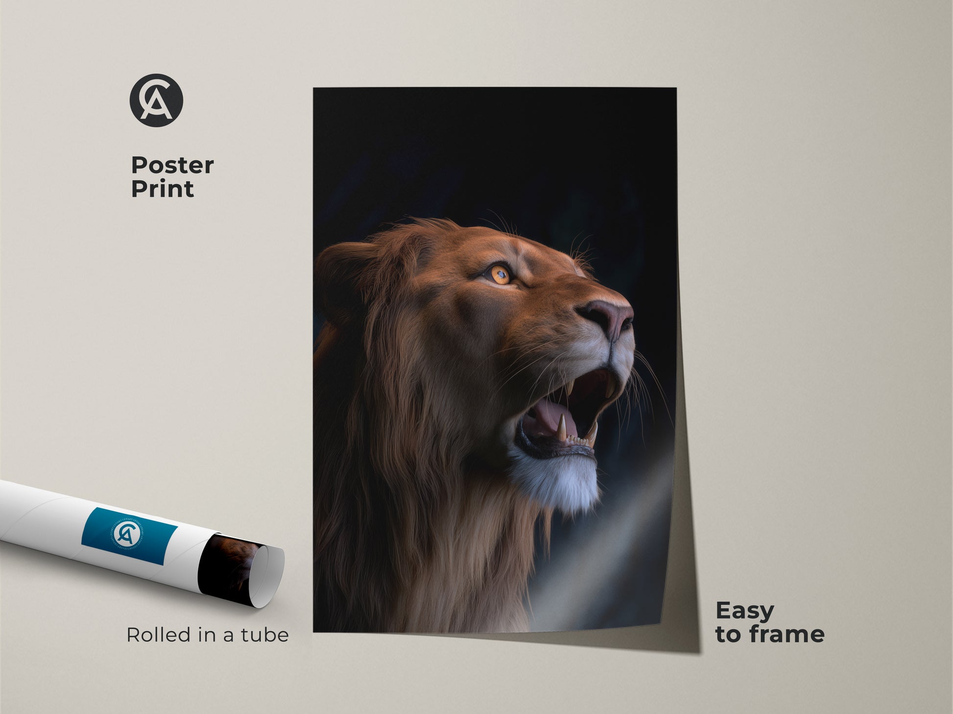 Poster print of a photorealistic lion. This wildlife animal artwork is easy to frame. The orange and yellow lion art adds a unique touch. Perfect as eclectic bedroom decor. Rolled in a tube for safe shipping. Ideal as a gift for lion lovers.