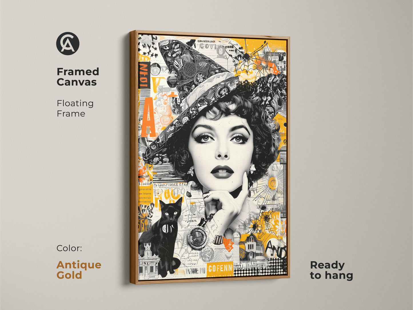 Framed canvas art featuring a captivating witch figure plus a black cat in a collage style. The antique gold floating frame adds sophistication. Ready to hang to create a vintage-modern aesthetic in your space