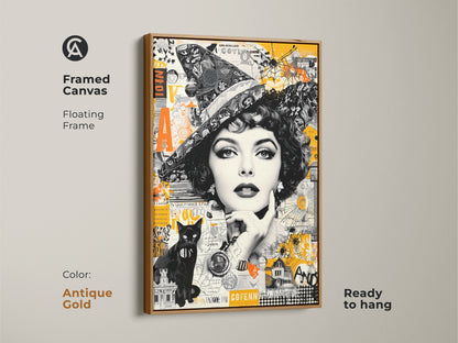 Framed canvas art featuring a captivating witch figure plus a black cat in a collage style. The antique gold floating frame adds sophistication. Ready to hang to create a vintage-modern aesthetic in your space