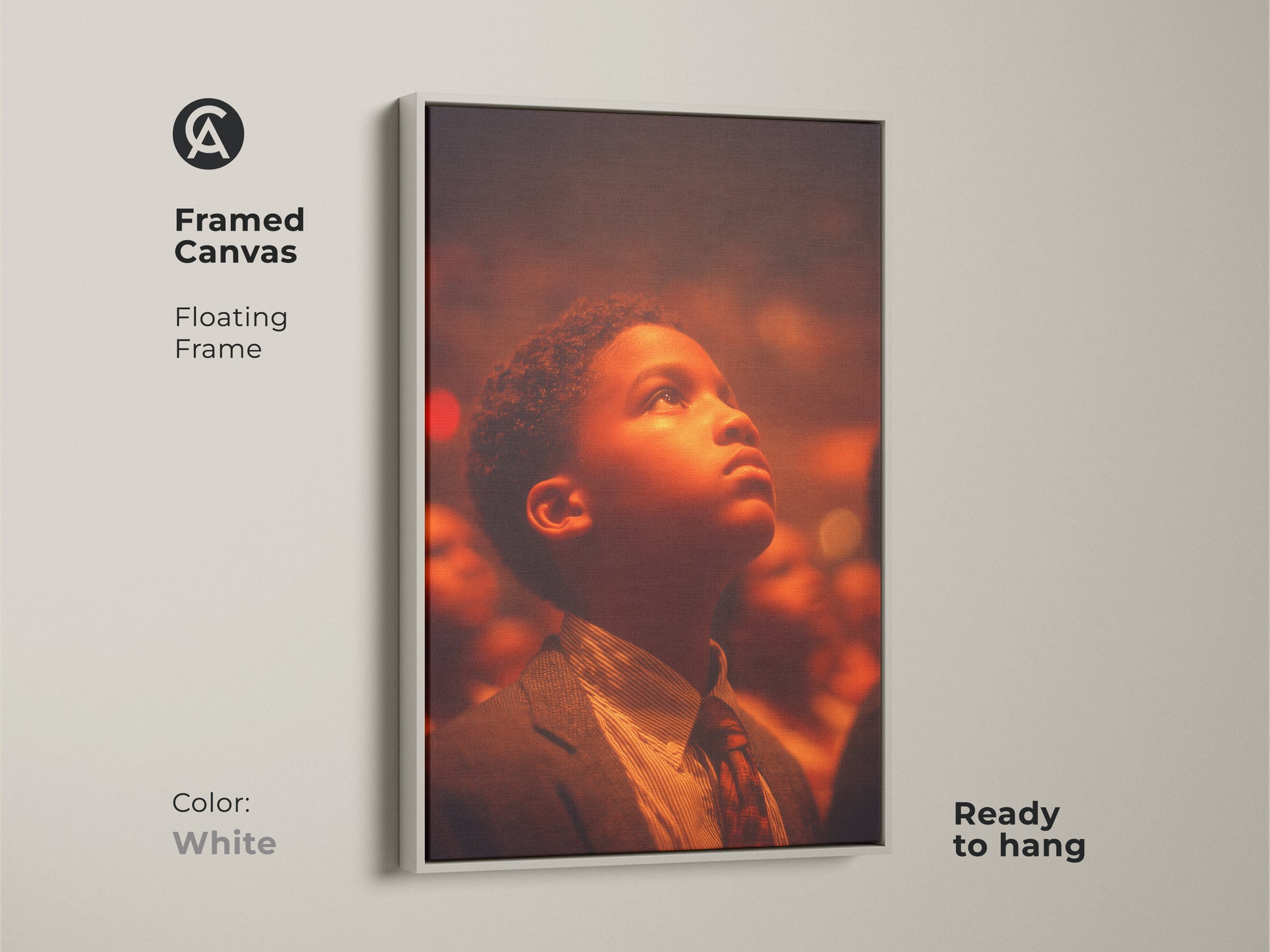 Framed canvas artwork with a clean white floating frame. It captures a young boy looking up with a sense of hope. Ready to hang this framed art. The artwork complements any interior decor.
