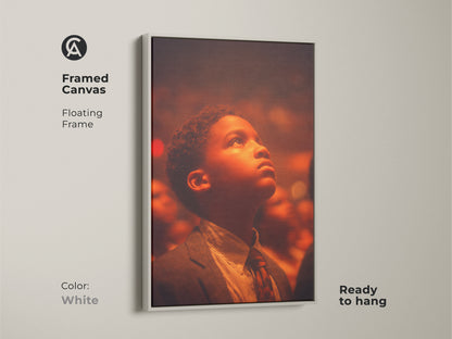 Framed canvas artwork with a clean white floating frame. It captures a young boy looking up with a sense of hope. Ready to hang this framed art. The artwork complements any interior decor.