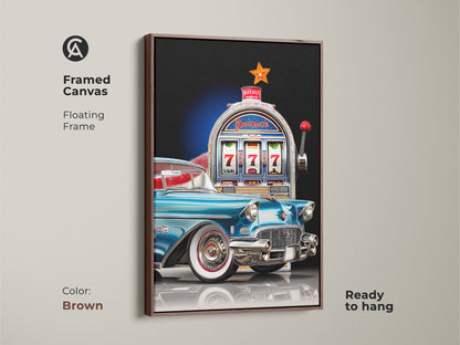 This framed canvas art features a vintage teal car and slot machine scene. This mid-century modern artwork has a floating brown frame and is ready to hang. Ideal decor for a garage or auto enthusiast's space. A stylish Father's Day gift idea for dad.