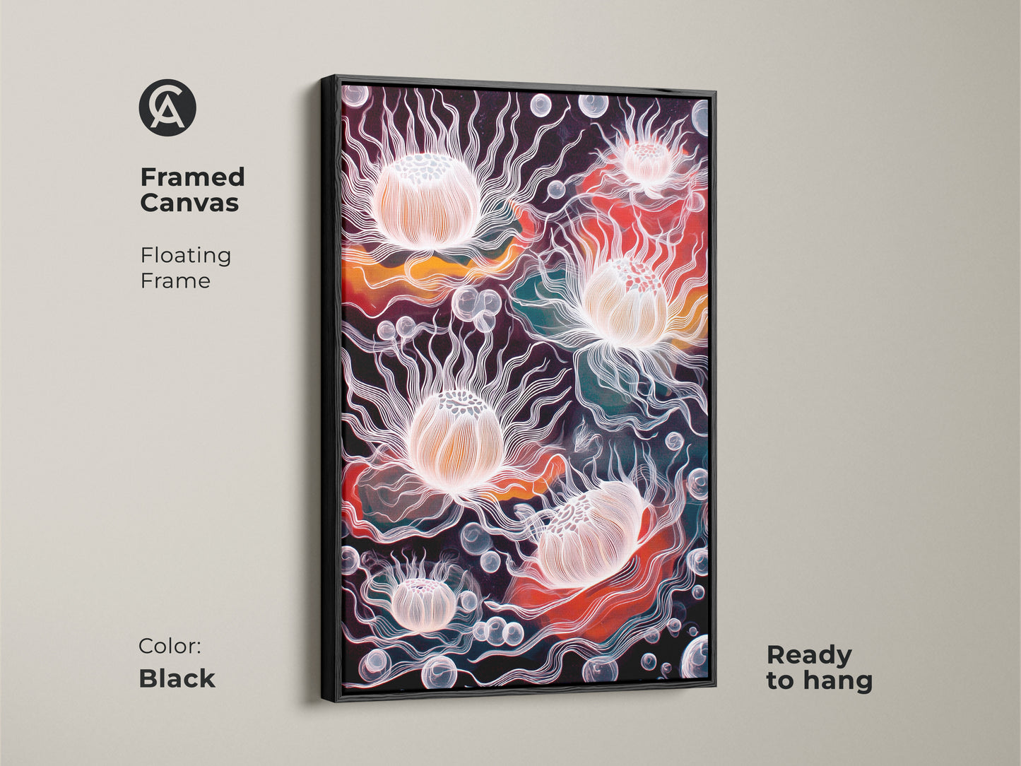 Framed canvas of abstract jellyfish artwork in a black floating frame. This surreal underwater art print features a coral orange and teal color scheme. Ready to hang it's ideal eclectic home decor. A perfect choice for modern office wall art or coastal living room art. Showcases line art jellyfish and bubble themed details.