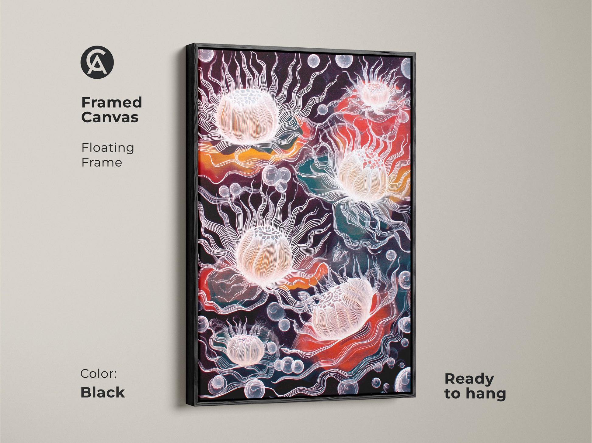 Framed canvas of abstract jellyfish artwork in a black floating frame. This surreal underwater art print features a coral orange and teal color scheme. Ready to hang it's ideal eclectic home decor. A perfect choice for modern office wall art or coastal living room art. Showcases line art jellyfish and bubble themed details.