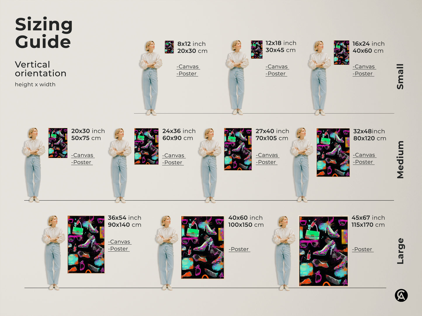 Sizing guide for vertical pop art prints. Visualize the impact of 8x12 to 45x67 inch canvas and posters. Featuring graffiti heels handbag and lipstick artwork. Perfect for glam room decor. Find the ideal size for your eclectic fashion wall art.