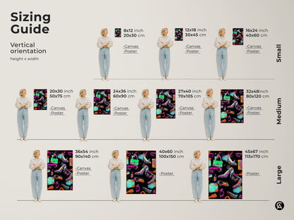 Sizing guide for vertical pop art prints. Visualize the impact of 8x12 to 45x67 inch canvas and posters. Featuring graffiti heels handbag and lipstick artwork. Perfect for glam room decor. Find the ideal size for your eclectic fashion wall art.
