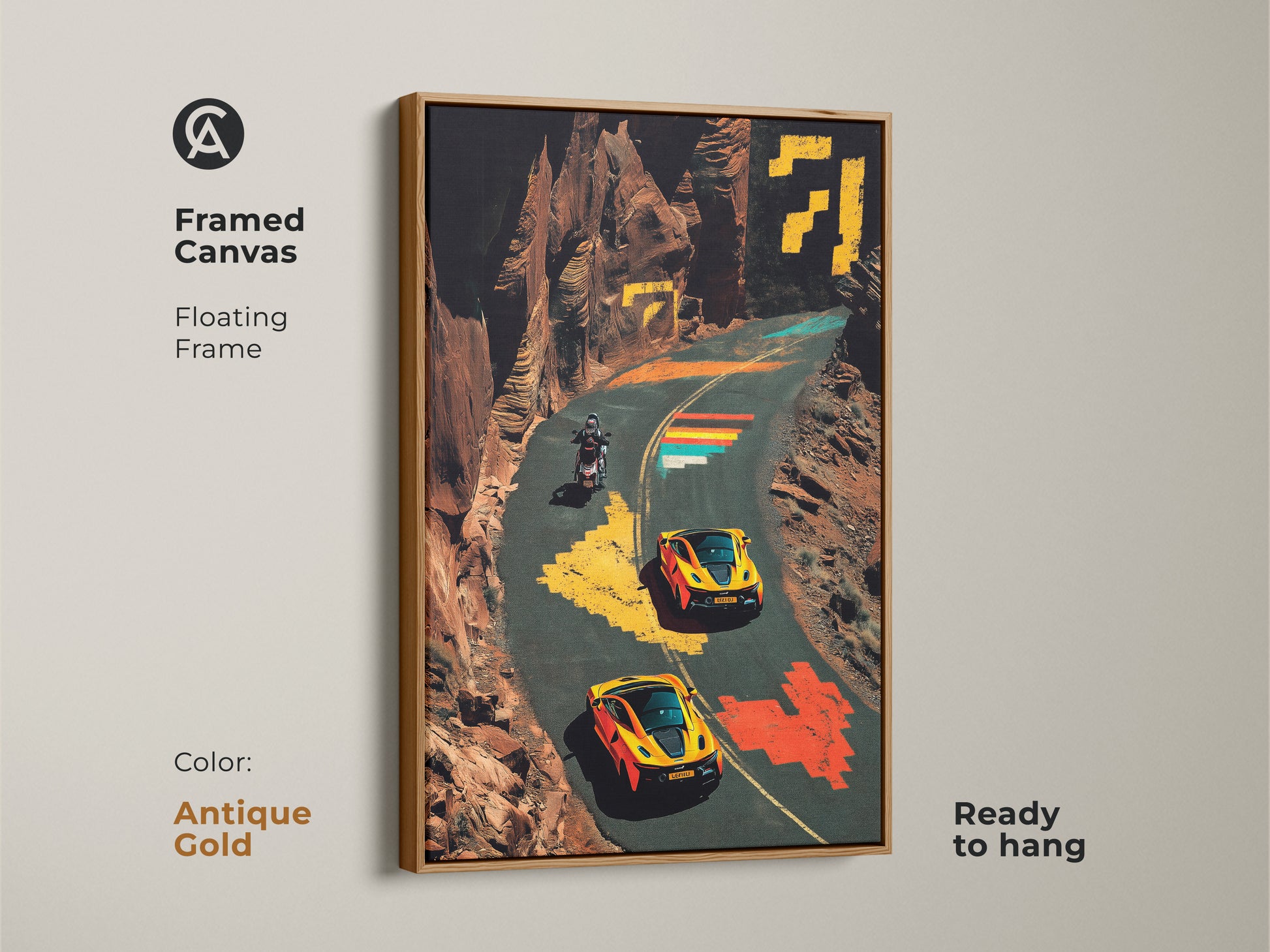 Adorn your walls with this framed canvas featuring sports cars and a motorcycle on a winding road. This unique canvas has a floating frame and is ready to hang. The pixel artwork style and vibrant colors add a modern touch to your space. It is the perfect art for car enthusiasts and F1 racing fans.