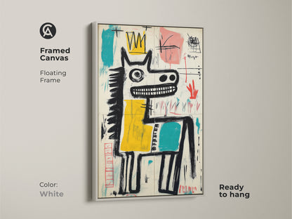 Framed canvas art print in a white floating frame. This artwork presents a horse with a crown. It is ready to hang for immediate enjoyment. Enhance your home decor with this stylish art. A clean art piece.