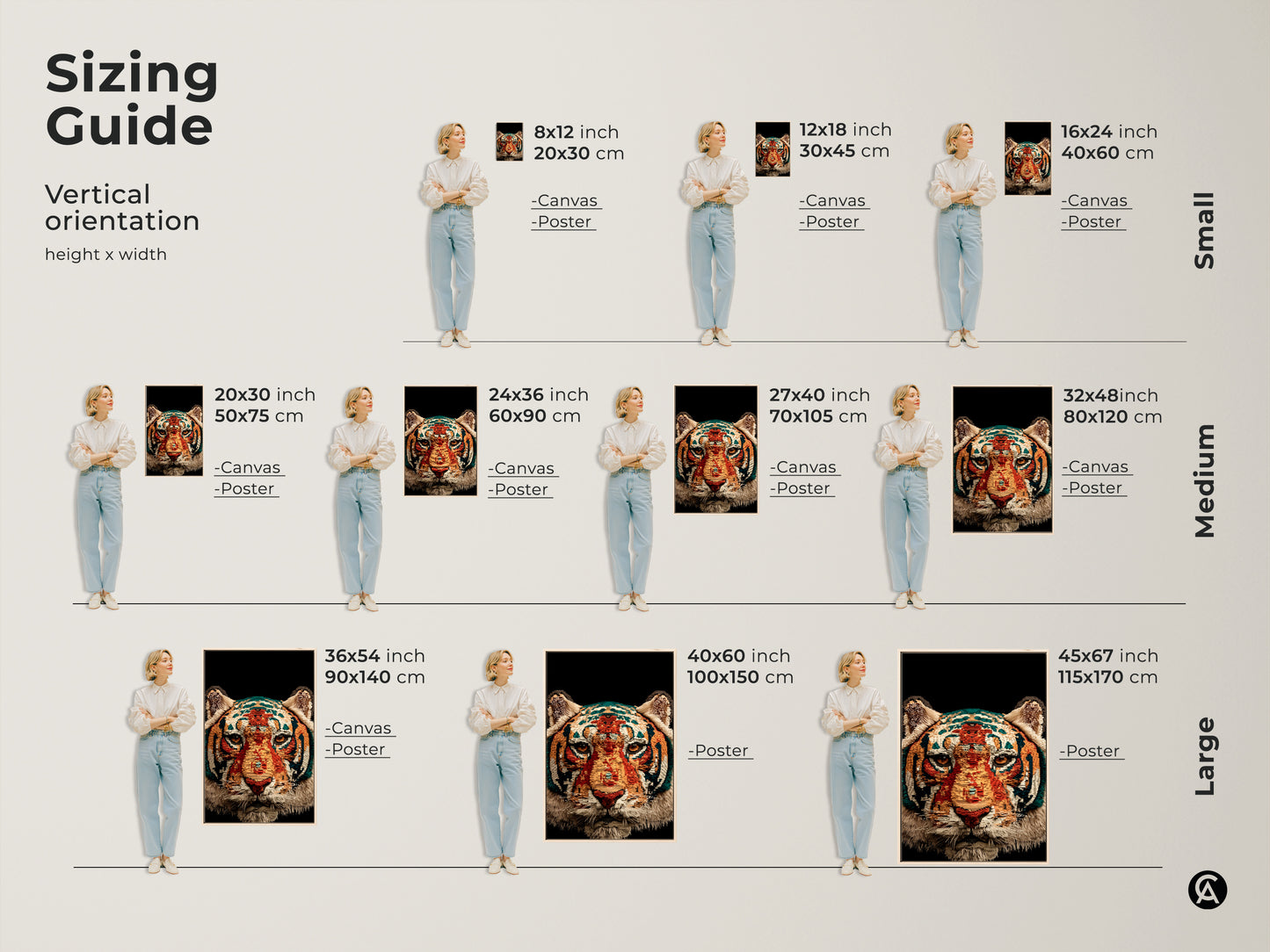 Sizing guide for abstract tiger face art in vertical orientation. Canvas and poster options are available. The geometric wildlife print fits small medium and large spaces with ease.