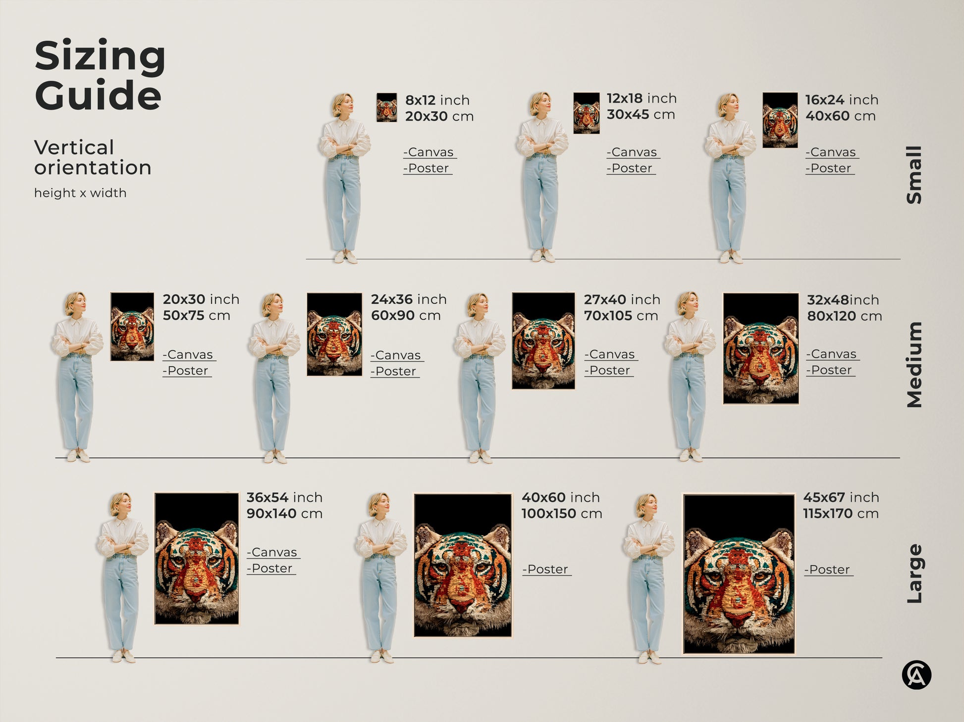 Sizing guide for abstract tiger face art in vertical orientation. Canvas and poster options are available. The geometric wildlife print fits small medium and large spaces with ease.