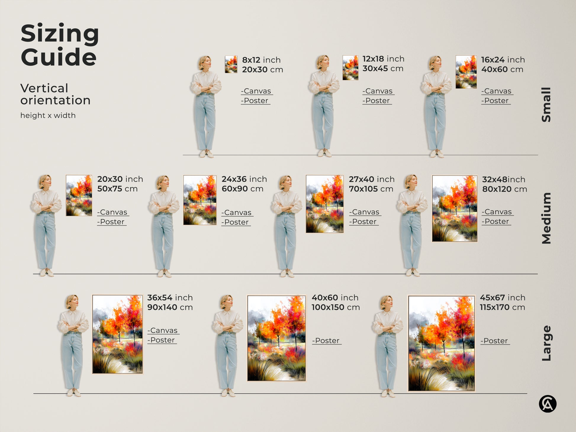 Find the perfect size for your wall decor with our sizing guide. Vertical orientation options include canvas and poster prints. Ranging from small to large sizes. Discover the ideal fit for your space and enjoy the beauty of our autumn trees landscape artwork.