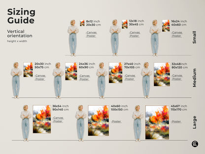 Find the perfect size for your wall decor with our sizing guide. Vertical orientation options include canvas and poster prints. Ranging from small to large sizes. Discover the ideal fit for your space and enjoy the beauty of our autumn trees landscape artwork.