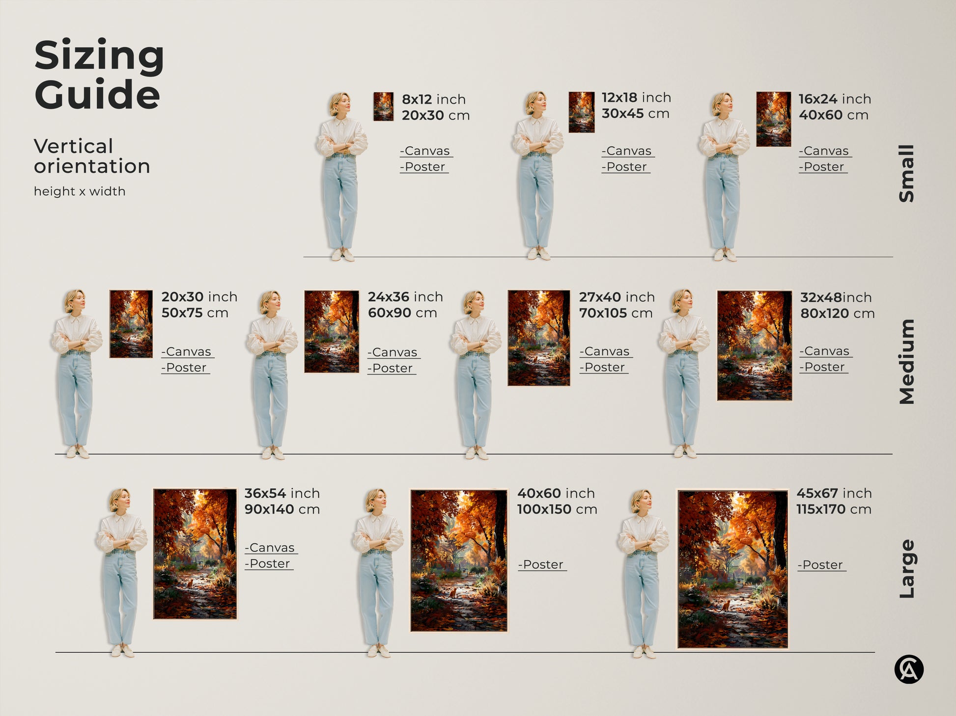 Find the perfect fit with our vertical orientation sizing guide. Visualize this autumn artwork in various sizes. Available as canvas or poster print. The art features a cat amidst vibrant fall foliage