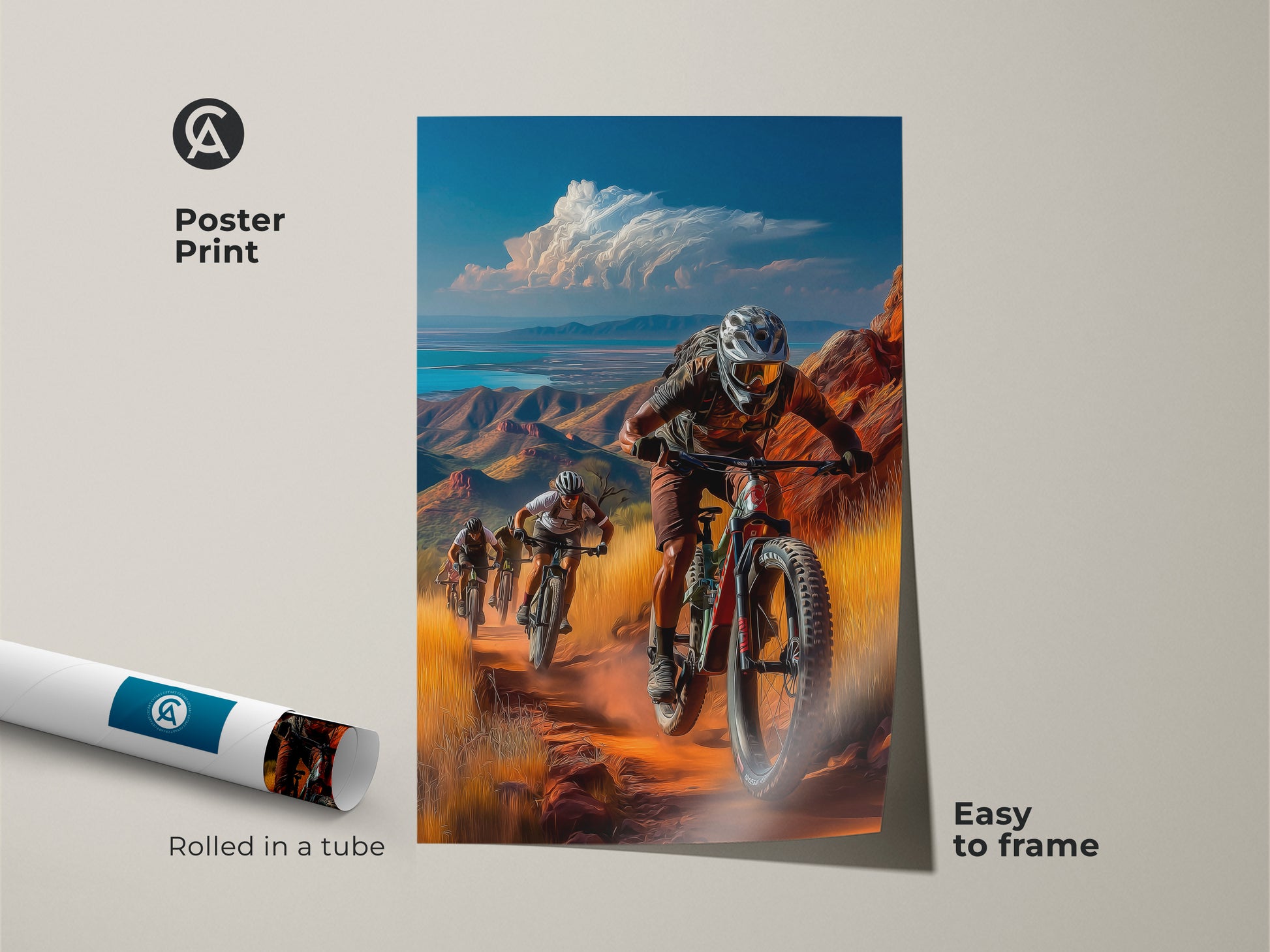 A rolled poster print shows offroad cycling art. The desert landscape print is easy to frame. This action sports print brings an adrenaline sports gift vibe to study room wall art.