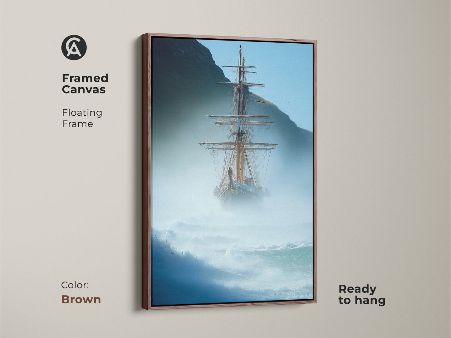 Elevate your space with this framed tall ship canvas art showcasing a stormy ocean. The blue gray palette complements coastal or nautical themes. This ready-to-hang piece brings maritime adventure to any wall. A floating brown frame adds warmth to this beautiful nautical wall decor.