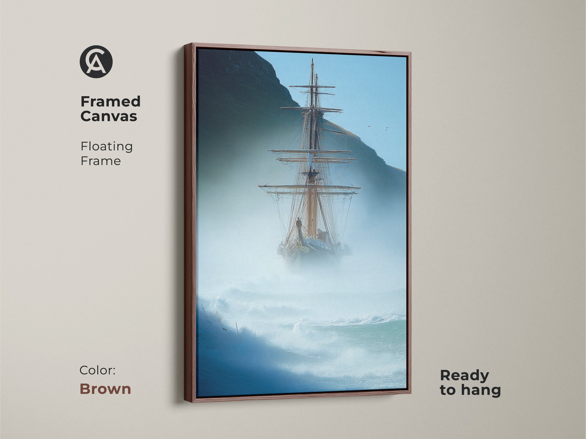 Elevate your space with this framed tall ship canvas art showcasing a stormy ocean. The blue gray palette complements coastal or nautical themes. This ready-to-hang piece brings maritime adventure to any wall. A floating brown frame adds warmth to this beautiful nautical wall decor.