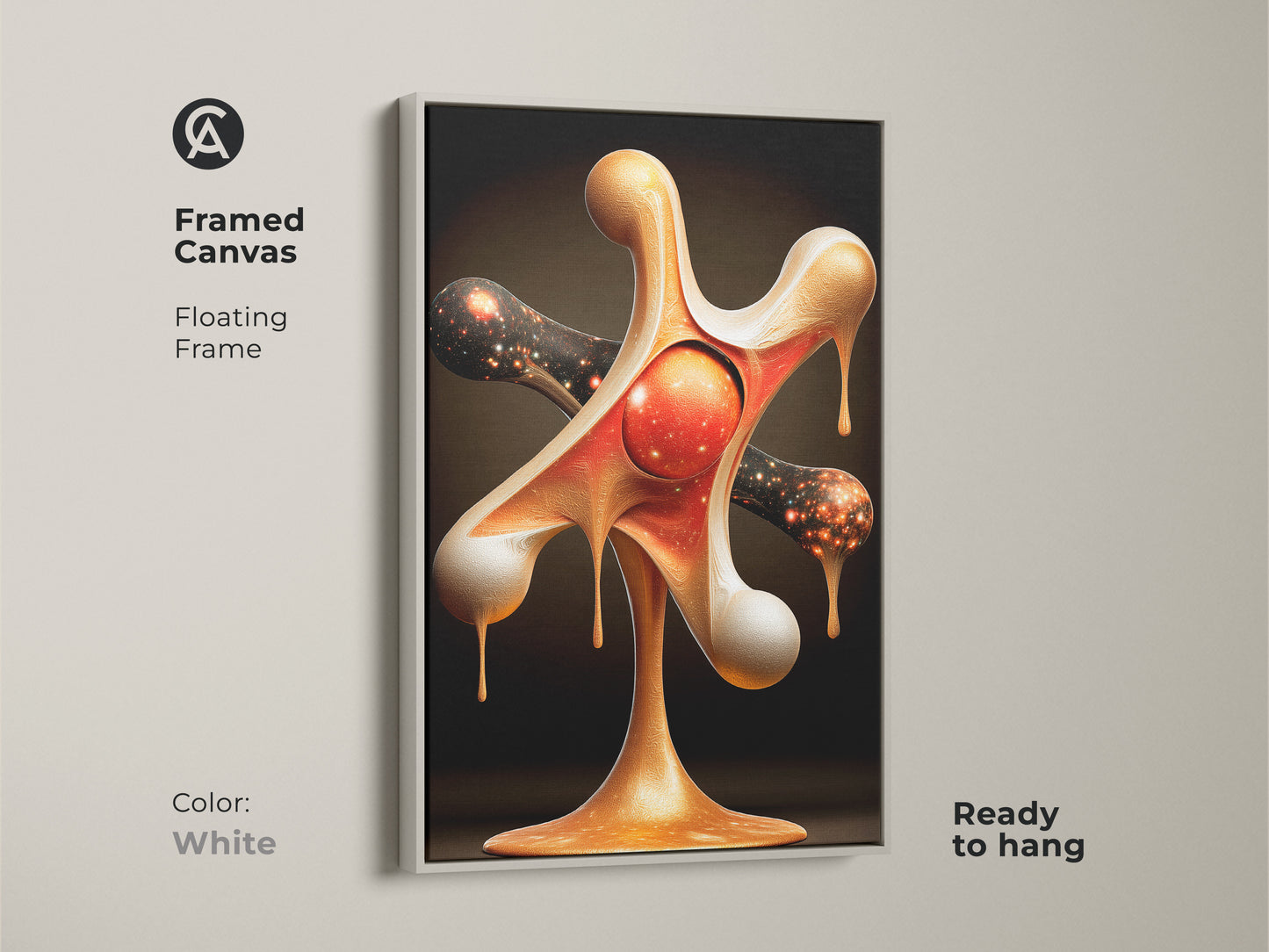Encased in a white floating frame this canvas print displays abstract nebula art. The gold red galaxy print is ready to hang creating a modern abstract painting. This surreal space wall decor adds a touch of cosmic art to your den or office. The unique celestial artwork is perfect for stargazing fans.