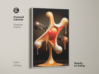Encased in a white floating frame this canvas print displays abstract nebula art. The gold red galaxy print is ready to hang creating a modern abstract painting. This surreal space wall decor adds a touch of cosmic art to your den or office. The unique celestial artwork is perfect for stargazing fans.