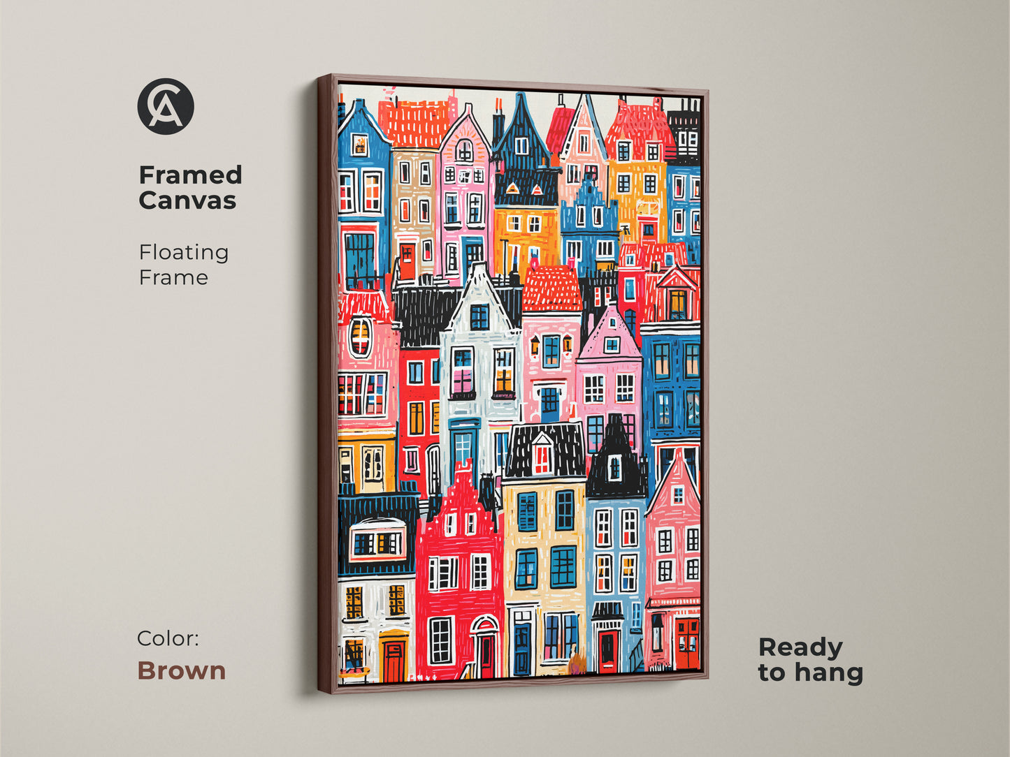 Framed canvas featuring colorful houses art. It has a brown floating frame. The artwork is ready to hang. This vibrant cityscape print adds warmth and character to your space. Unique art.