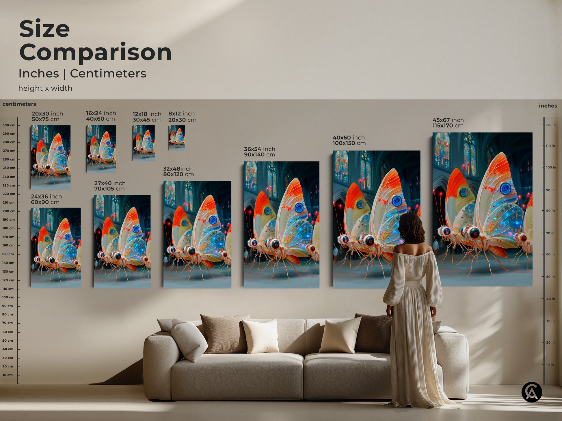 Size comparison of cyberpunk butterfly artwork in inches and centimeters. The wall art will suit any room. The electric blue orange teal art is a unique home decor gift. The eclectic art is a great housewarming gift. This sci-fi art print elevates your home decor.