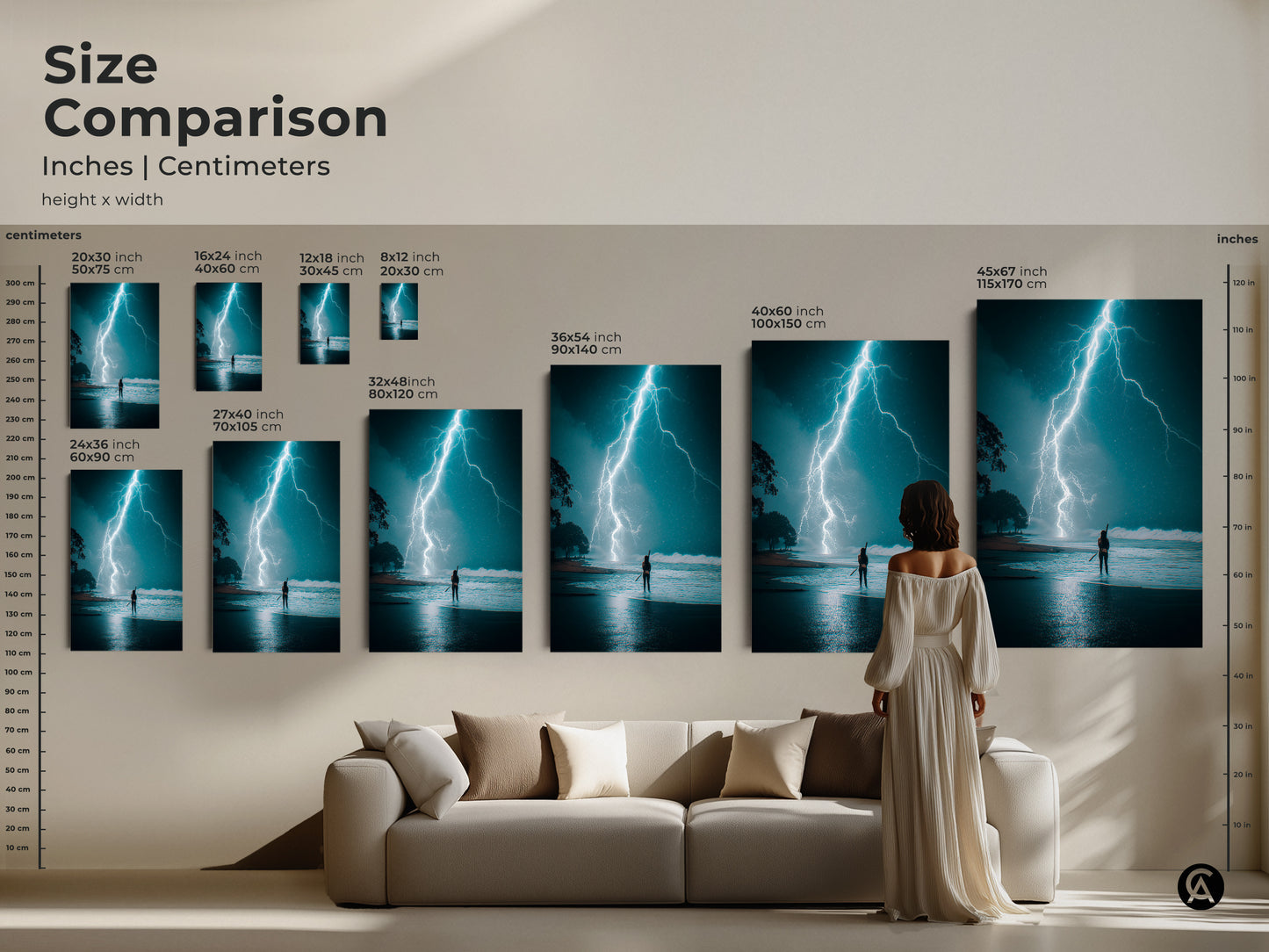Size comparison of electric blue ocean storm canvas prints in inches and centimeters. See how the artwork looks above a couch. Various sizes are shown from small to large. This surfer and lightning strike art will enhance your home decor. Perfect for contemporary coastal art enthusiasts.