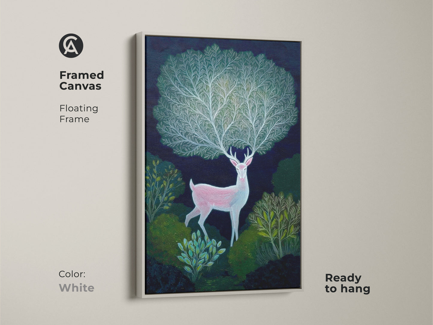 Framed canvas with a floating frame in white. This indigo botanical art print features a pink deer in a lush forest. The artwork brings a touch of mythical wonder to any space. Ready to hang for easy installation.