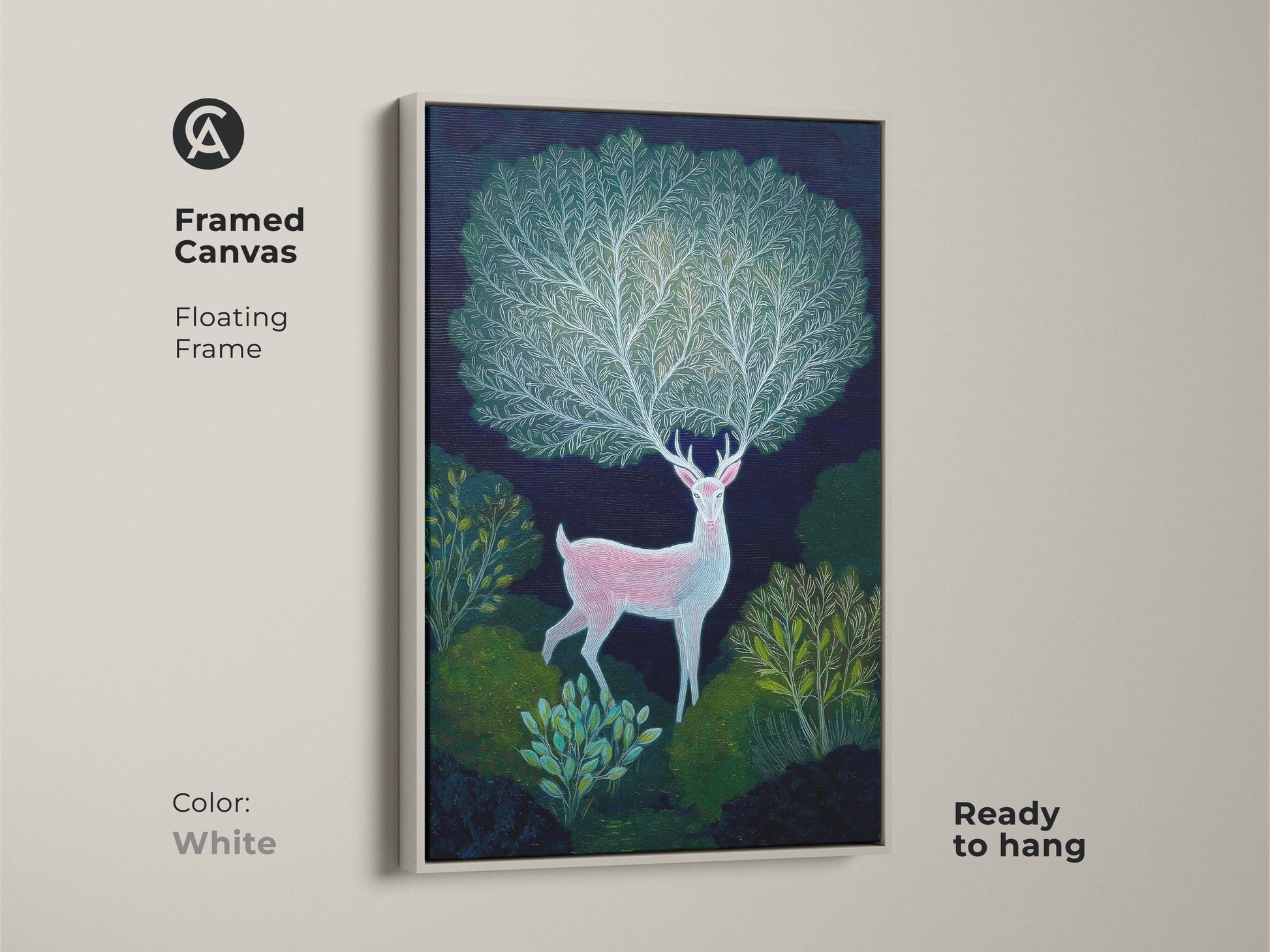 Framed canvas with a floating frame in white. This indigo botanical art print features a pink deer in a lush forest. The artwork brings a touch of mythical wonder to any space. Ready to hang for easy installation.