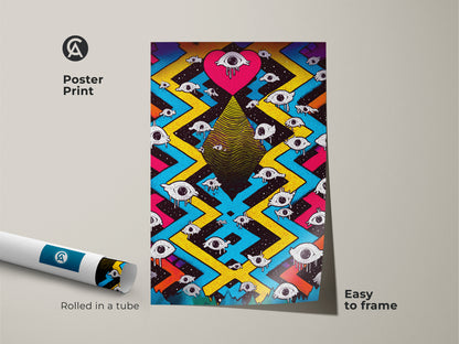 This is a poster print of psychedelic eye heart artwork rolled in a tube. The surreal abstract wall art offers easy framing. This magenta yellow blue art print brings trippy vibes to any living room. The unique wall art is great for teens. The poster features an abstract geometric pattern.