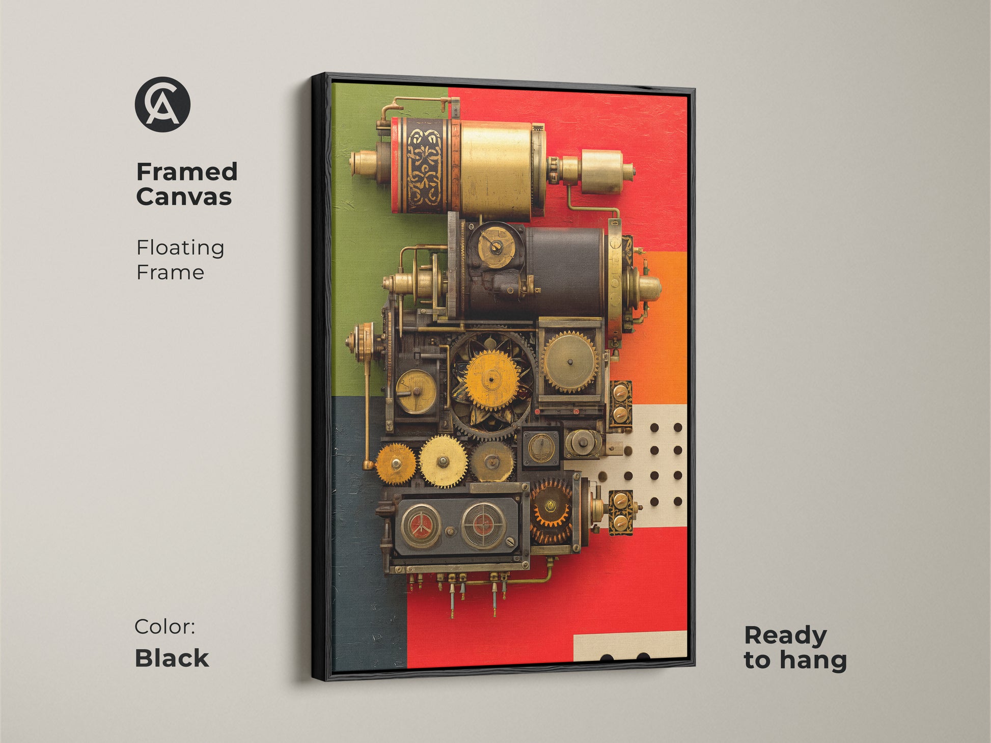 Framed canvas of intricate mechanical gears and clockwork elements in a floating frame. Bold Steampunk and industrial art styles. Black frame showcases the red gold and orange accents. Ready to hang it makes a perfect office wall art or a housewarming gift for engineers.