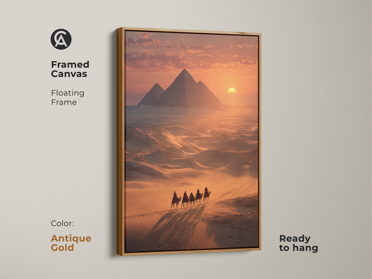 Framed canvas print of Egyptian Pyramids & Camel Caravan with a floating antique gold frame. This warm tone landscape artwork enhances your wall. The antique gold frame adds a vintage touch. Perfect housewarming gift for travelers and history buffs. It is a stunning piece of cultural heritage wall artwork.