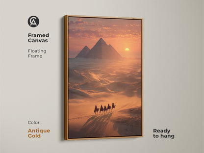 Framed canvas print of Egyptian Pyramids & Camel Caravan with a floating antique gold frame. This warm tone landscape artwork enhances your wall. The antique gold frame adds a vintage touch. Perfect housewarming gift for travelers and history buffs. It is a stunning piece of cultural heritage wall artwork.