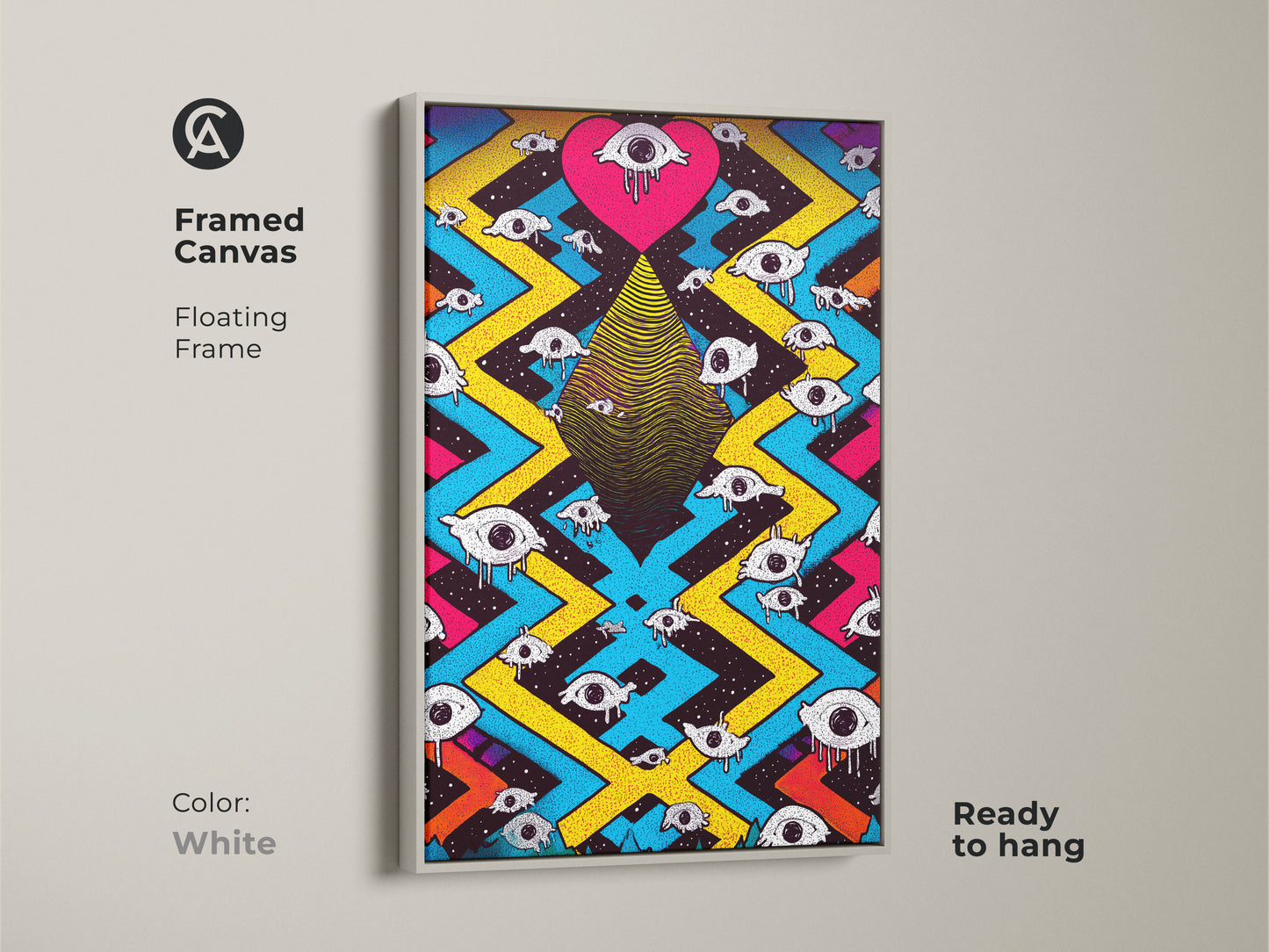 A white framed canvas features surreal eye heart artwork. This psychedelic abstract wall art is ready to hang. The floating frame complements eclectic bedroom decor. Magenta yellow and blue colors create a trippy effect. This unique wall art is perfect for teens. The vibrant painting is a bold decor choice.
