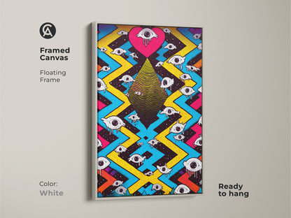 A white framed canvas features surreal eye heart artwork. This psychedelic abstract wall art is ready to hang. The floating frame complements eclectic bedroom decor. Magenta yellow and blue colors create a trippy effect. This unique wall art is perfect for teens. The vibrant painting is a bold decor choice.