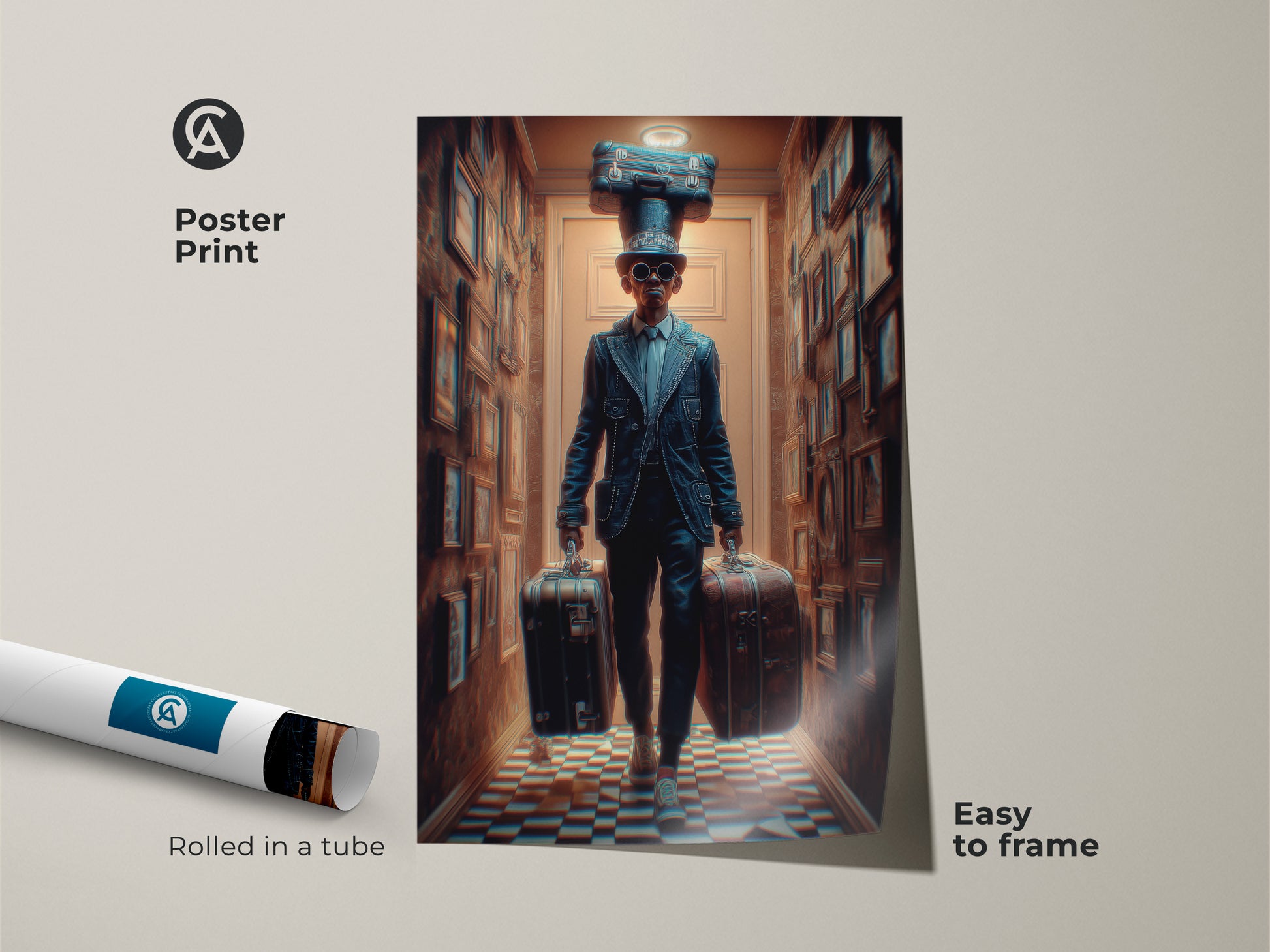 Poster Print of a Surreal Steampunk Man carrying suitcases. This easy-to-frame travel artwork is rolled in a tube for protection. Perfect for adding an eclectic touch. The vintage man with hat and luggage makes a unique statement on museum-quality paper.