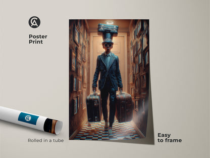 Poster Print of a Surreal Steampunk Man carrying suitcases. This easy-to-frame travel artwork is rolled in a tube for protection. Perfect for adding an eclectic touch. The vintage man with hat and luggage makes a unique statement on museum-quality paper.