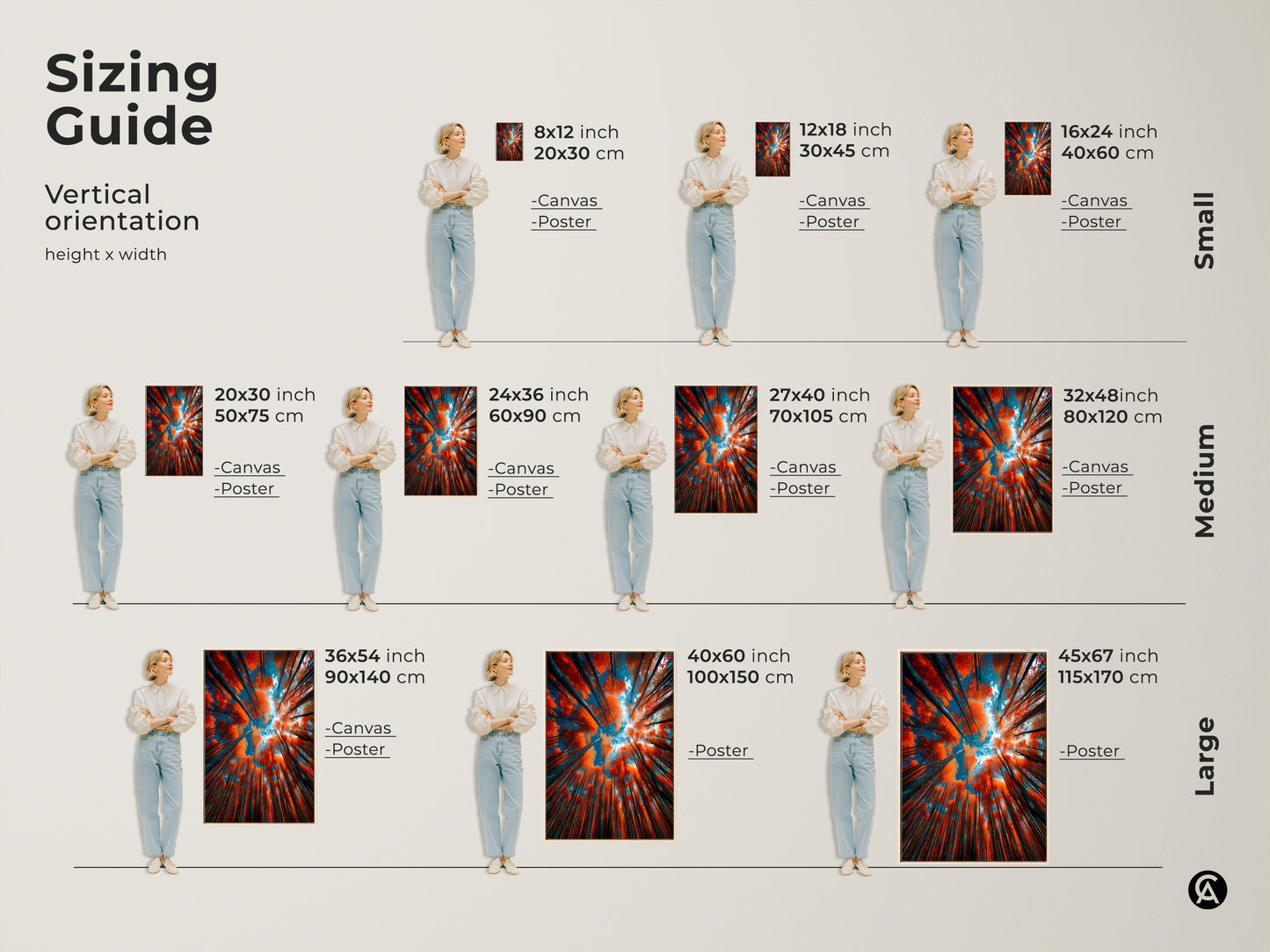 Sizing guide for vertical forest canopy artwork. Available in small medium and large sizes. Options include canvas and poster prints. Visualize the perfect fit for your space with our artwork sizing guide.