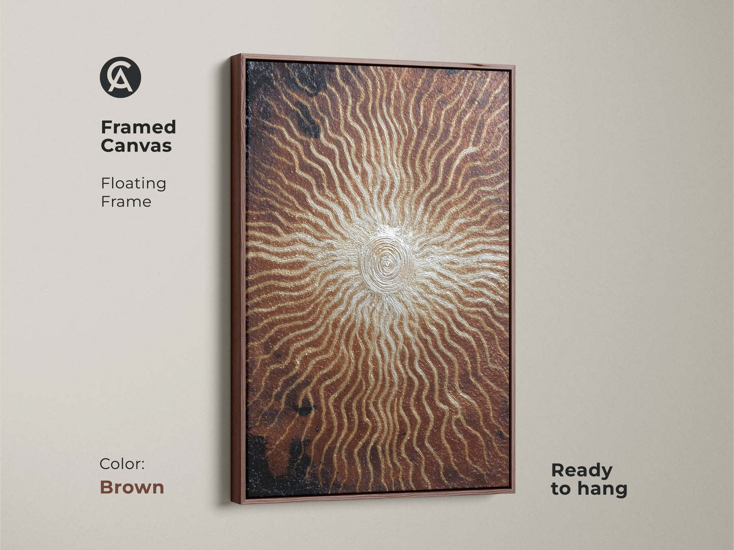 Bronze gold spiral artwork in a brown floating frame. This framed canvas features an abstract sunburst print. The textured eclectic artwork adds a modern touch. It is ready to hang and is a great housewarming gift.