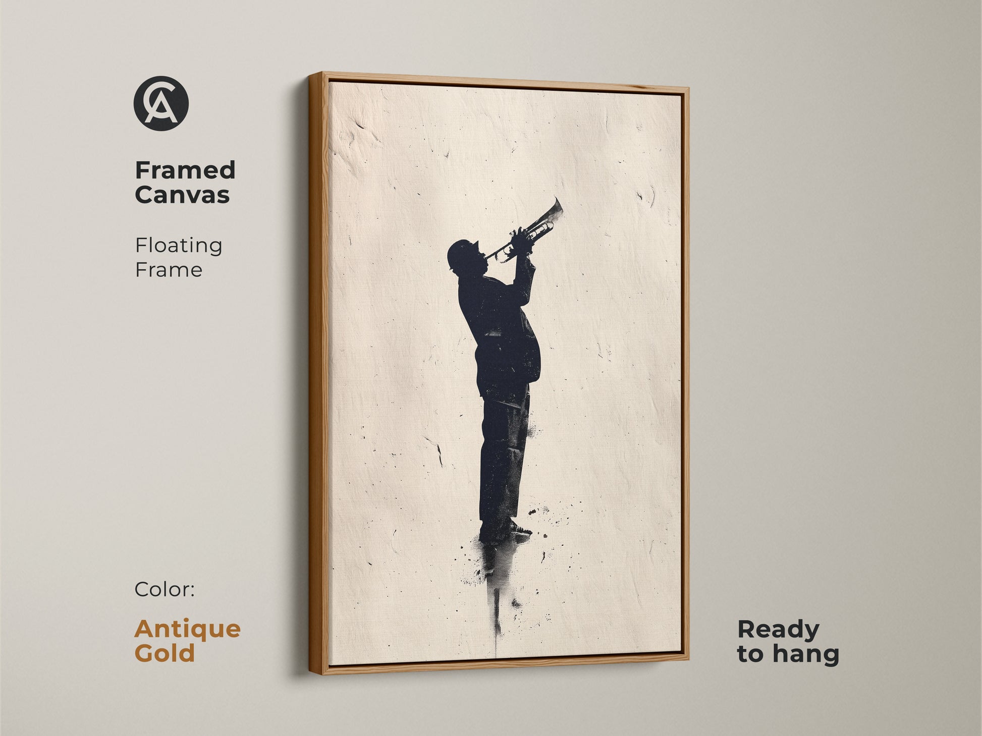 Antique gold framed canvas jazz art. Features a silhouette of a trumpet player. The floating frame adds a touch of elegance. Ready to hang and enjoy this unique piece.