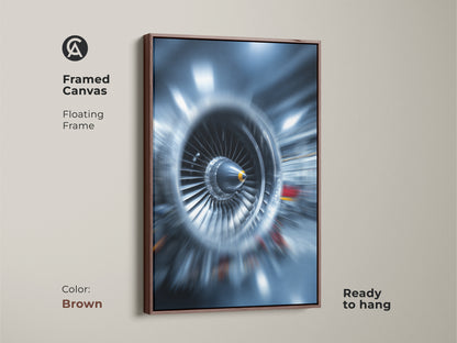 Framed abstract jet engine art with a brown floating frame. This turbine blades canvas print is ready to hang. The industrial tech wall art features deep blue and steel gray tones. A unique piece of aerospace machinery art. Great gift for engineers.