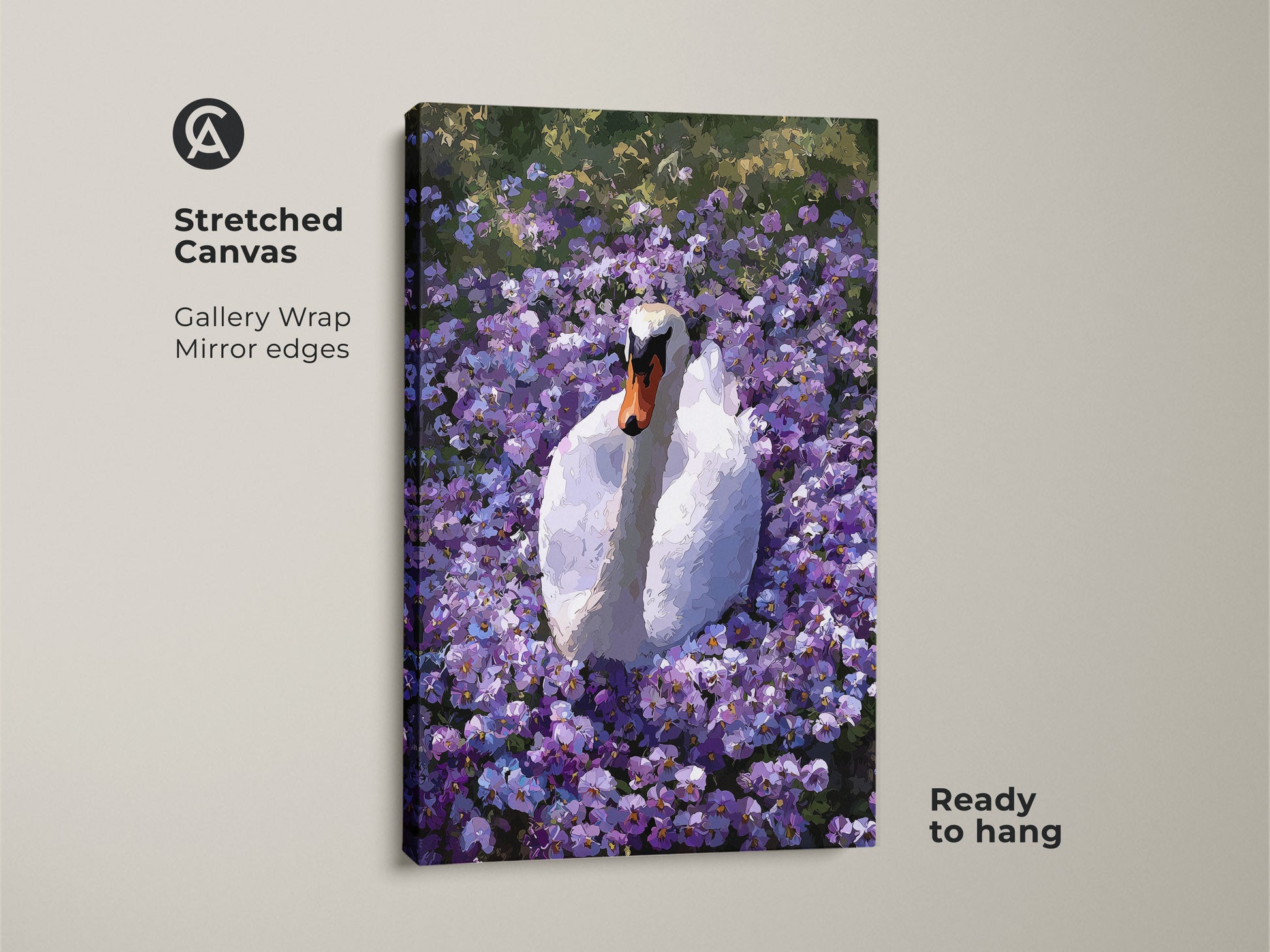 Close-up of the Botanical Swan Canvas Print on a stretched canvas. The gallery wrap has mirrored edges. This purple floral wall art is ready to hang. This makes a great boho nature decor piece.