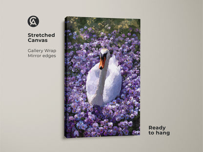 Close-up of the Botanical Swan Canvas Print on a stretched canvas. The gallery wrap has mirrored edges. This purple floral wall art is ready to hang. This makes a great boho nature decor piece.