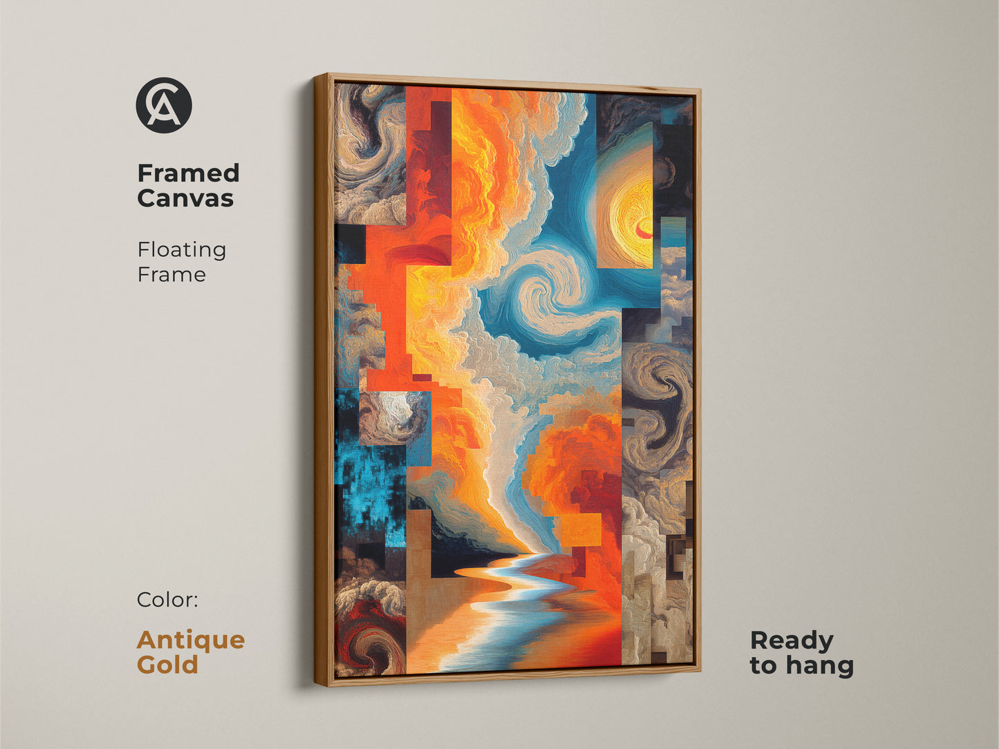 Antique Gold Framed Canvas Print. This abstract art combines orange yellow and blue tones. The swirling clouds and water add depth. Ideal wall decor for eclectic tastes. Ready to hang and enjoy instantly.