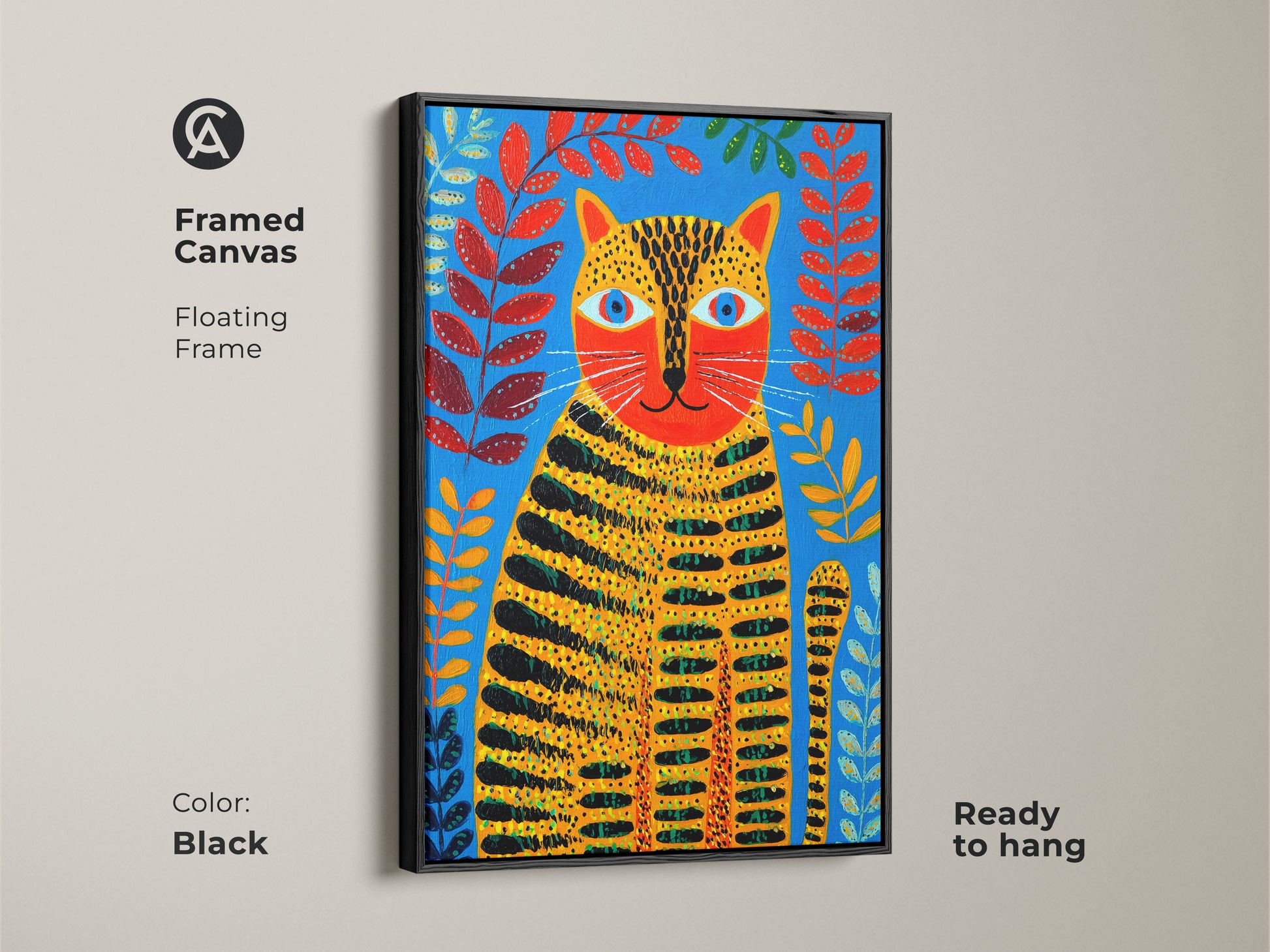 Framed canvas with a black floating frame is ready to hang. This folk art features a tiger cat with blue orange and red botanical elements. Great animal art for your home.
