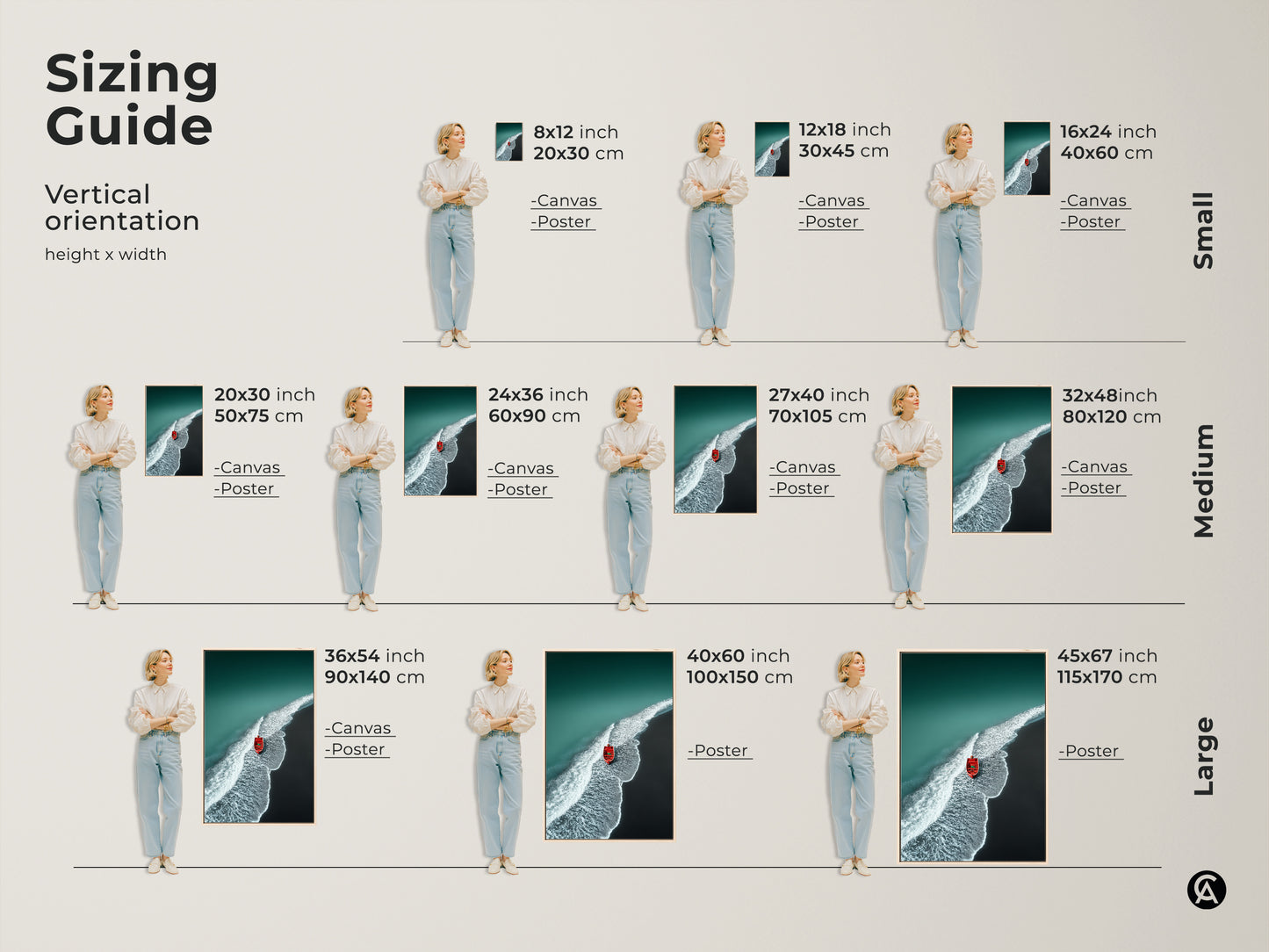 Sizing guide for vertical coastal artwork. Visualize canvas and poster sizes from small to large. See how the teal ocean beach art looks in different dimensions. Plan your perfect wall decor.