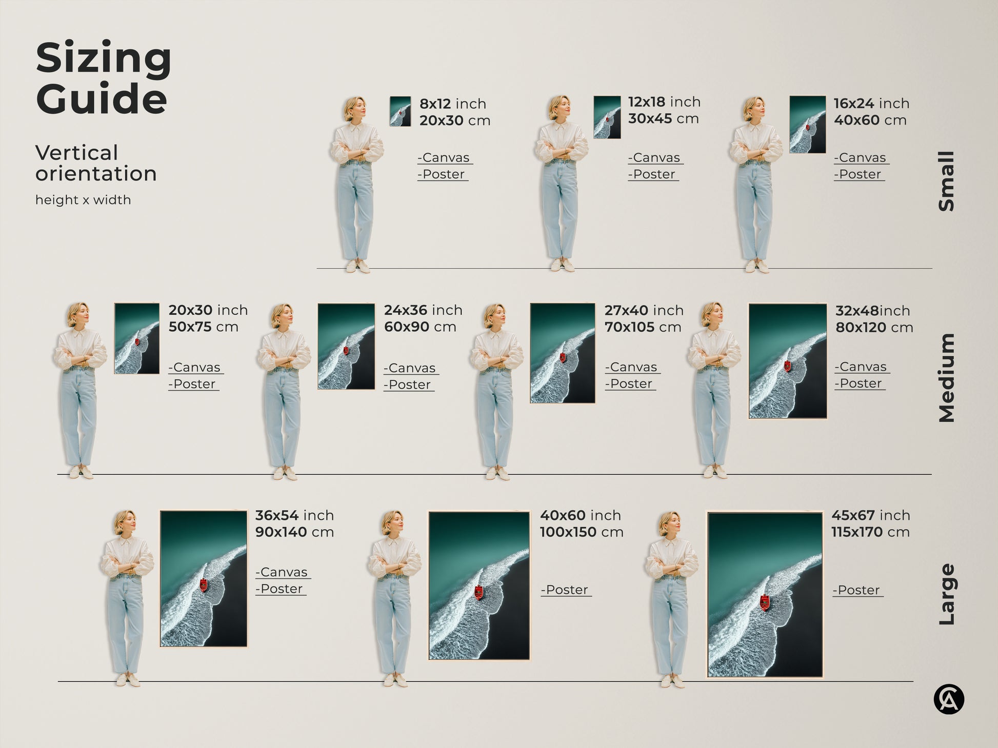 Sizing guide for vertical coastal artwork. Visualize canvas and poster sizes from small to large. See how the teal ocean beach art looks in different dimensions. Plan your perfect wall decor.