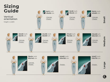 Sizing guide for vertical coastal artwork. Visualize canvas and poster sizes from small to large. See how the teal ocean beach art looks in different dimensions. Plan your perfect wall decor.