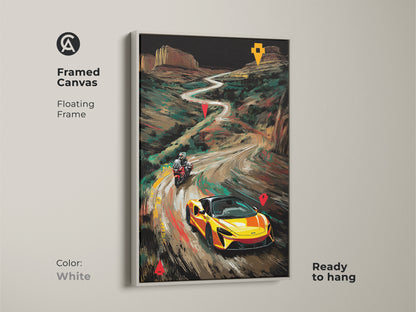 Framed canvas with a white frame featuring a yellow McLaren and motorcycle art print. This floating frame highlights the road trip artwork making it ready to hang. The modern office artwork adds a vibrant touch. Its a great gift idea for car and motorcycle lovers.
