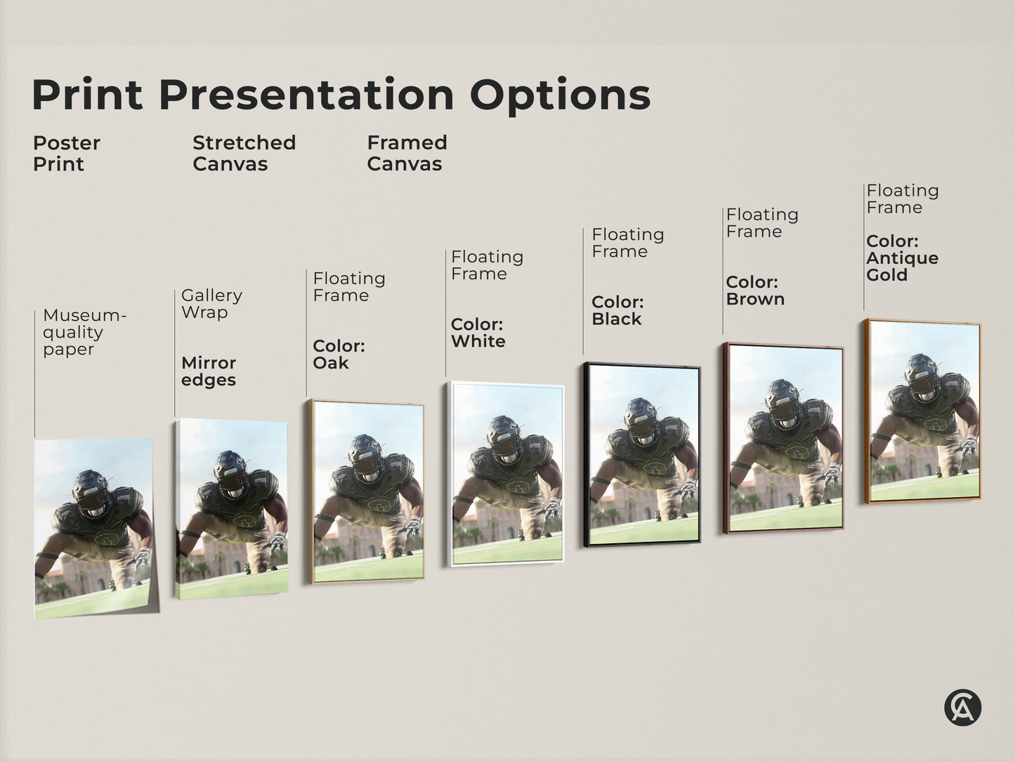 Explore print presentation options for American Football Player artwork. Choose from poster prints stretched canvas and framed canvas. Options include black brown antique gold and white frames. Find the perfect style for your man cave office or sports-themed decor.