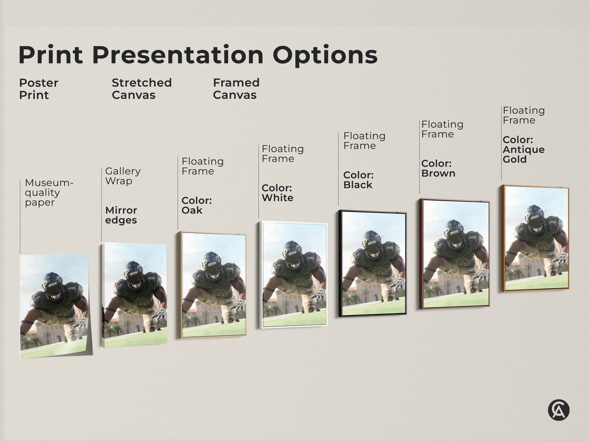 Explore print presentation options for American Football Player artwork. Choose from poster prints stretched canvas and framed canvas. Options include black brown antique gold and white frames. Find the perfect style for your man cave office or sports-themed decor.